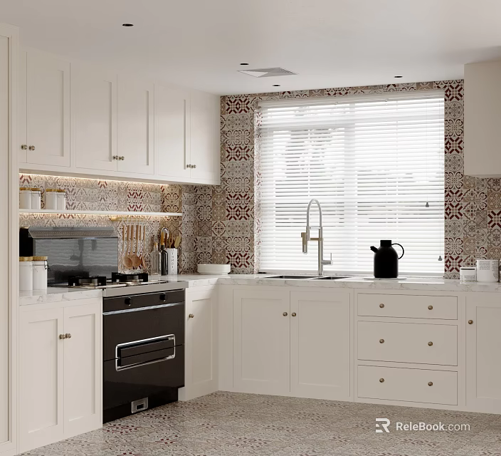 Modern Kitchen Interior With White Cabinets Patterned Tile Backsplash And Window Blinds 3d model 