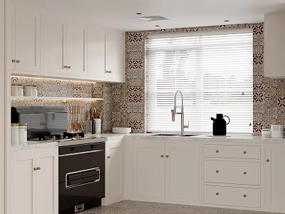 Modern Kitchen Interior With White Cabinets Patterned Tile Backsplash And Window Blinds 3d model