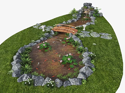 Serene Water Fountain Garden with Stone Surroundings Wooden Bridge Koi Fish and Water Lilies 3d model