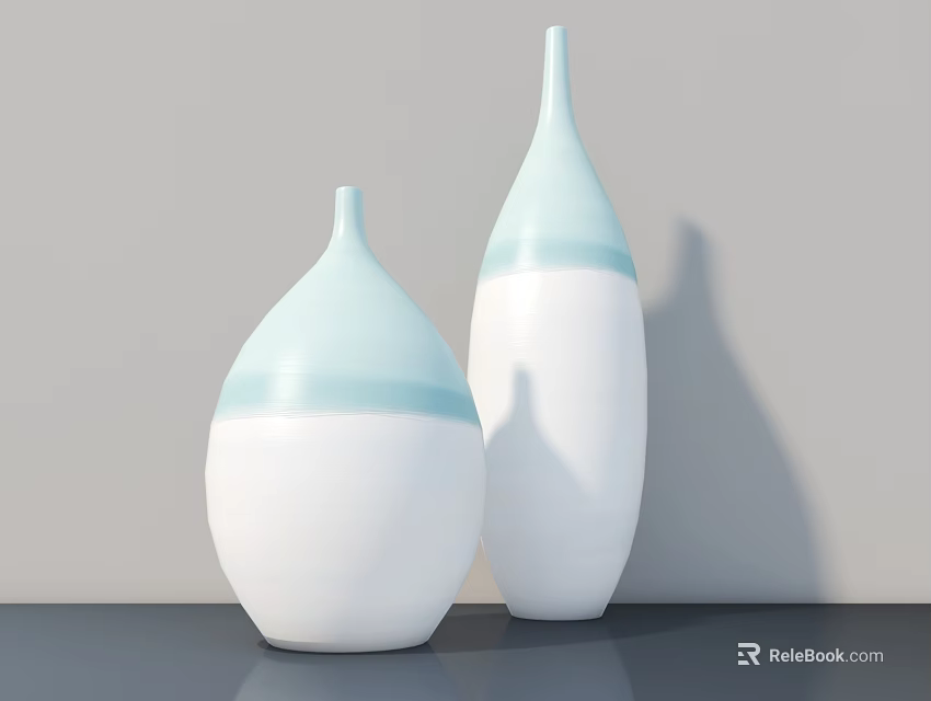 Two Light Blue And White Vases With Different Shapes On Grey Surface Background Wall 3d model