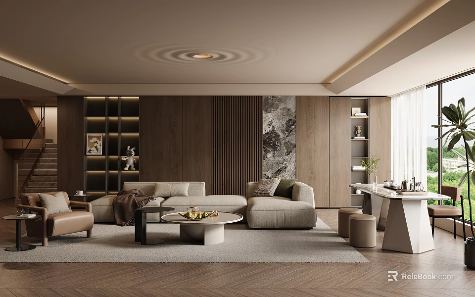 Modern Living Room Interior Design With L shaped Sofa Coffee Table Wooden Walls And Herringbone Floor 3d model 