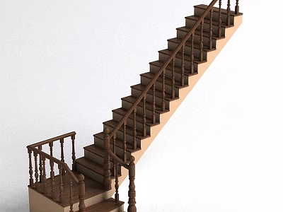 Wooden Staircase Interior Design With Classic Steps And Wooden Handrail 3d model