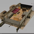 Ancient Stone Building With Arched Structure Red White Striped Awning And Wooden Crates