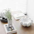 Decorative Ornament Set On Wooden Table Featuring White Blinds Green Plant Vase Books Petal Decor