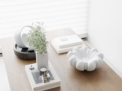 Decorative Ornament Set On Wooden Table Featuring White Blinds Green Plant Vase Books Petal Decor 3d model