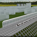 Railway Fence Along High Speed Train Track With Green Grass And White Buildings
