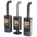 Three Black Fireplaces With Glass Doors Burning Flame And Chimney Design