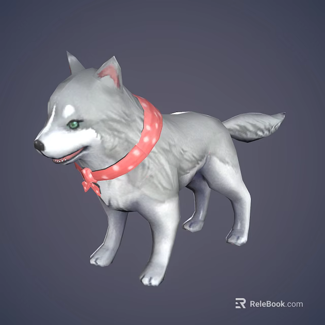 Adorable Gray Fur Dog With Green Eyes Wearing Red Polka Dot Scarf And Bow 3d model 