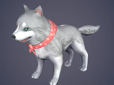 Adorable Gray Fur Dog With Green Eyes Wearing Red Polka Dot Scarf And Bow 3d model