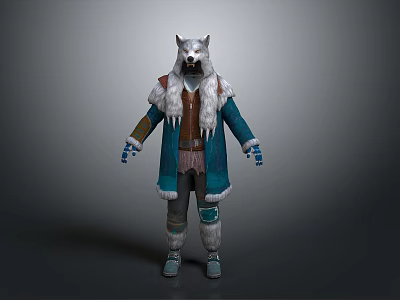 Man In Wolf Head Costume With Blue Coat White Fur Brown Belt And Gray Pants 3d model
