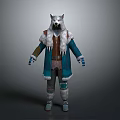 Man In Wolf Head Costume With Blue Coat White Fur Brown Belt And Gray Pants