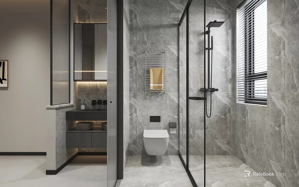 Luxurious Modern Bathroom Design With Marble Walls Glass Shower And Toilet 3d model 