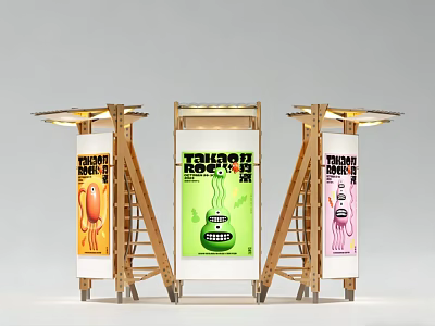Art Installation Three Panel Wooden Structure Displaying TAHOTI ROCK Posters With Illuminated Tops 3d model