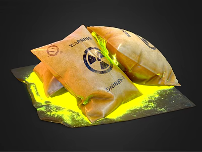 Warning Danger Hazardous Material Bags With Spilled Yellow Substance On Surface 3d model