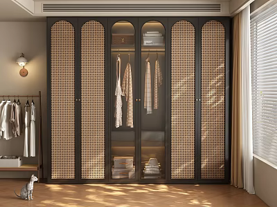 Elegant Modern Wardrobe With Black Frame Transparent Center And Woven Panels 3d model