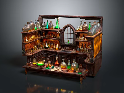 Vintage Alchemy Wooden Shelf With Colorful Potion Bottles Glassware And Arched Window 3d model