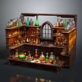 Vintage Alchemy Wooden Shelf With Colorful Potion Bottles Glassware And Arched Window