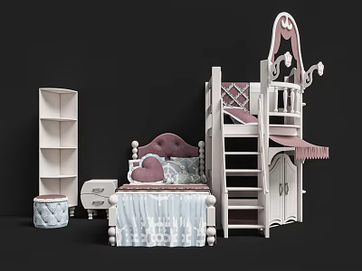 Pink Princess Children's Bunk Bed With White Ladder Bookshelf And Canopy 3d model