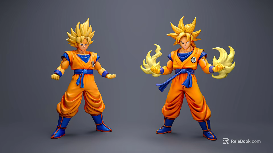 Dragon Ball Super Saiyan Goku Action Figures Orange Outfit Blue Sash Energy Auras 3d model 