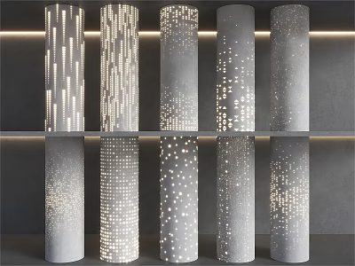 Modern Decorative Columns With Hollow Out Patterns And Lighting Effects On Gray Background 3d model