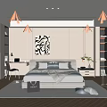 Minimalist Modern Bedroom Interior With Gray White Bedding Abstract Painting Desk And Wooden Floor