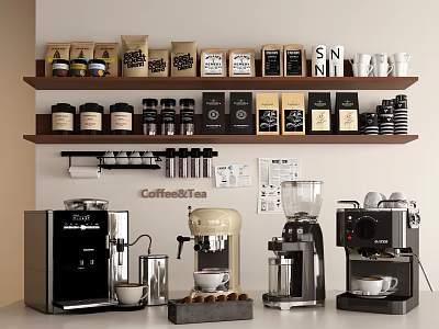 Modern Coffee Station Setup With Various Coffee Machines Bean Packages And Mugs Daily Electrical Appliances 3d model