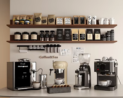 Modern Coffee Station Setup With Various Coffee Machines Bean Packages And Mugs Daily Electrical Appliances 3d model