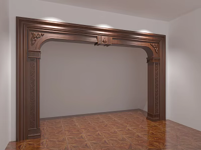Classic Wooden Door Arch with Intricate Carvings White Walls and Patterned Floor 3d model