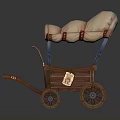 Vintage Wooden Carriage with Pink Canopy Blue Supports and Blue Wheels Carrying Items Inside