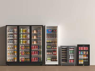 Black Commercial Refrigerators And Freezers Of Various Sizes Stocked With Drinks And Cans 3d model