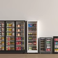 Black Commercial Refrigerators And Freezers Of Various Sizes Stocked With Drinks And Cans