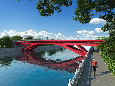 Scenic Red Bridge Over River With Pedestrians Green Trees And Blue Sky 3d model