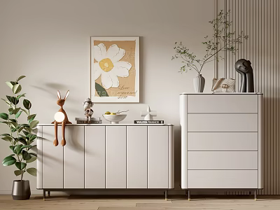 Modern Minimalist Console Cabinet and Side Cabinet with Green Plant Deer Figurine Floral Painting 3d model