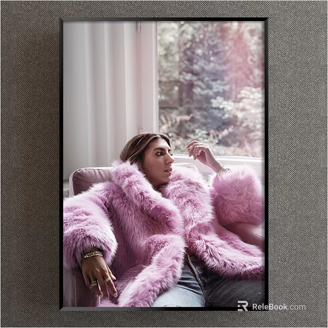 Portrait of Woman in Pink Fur Coat Sitting by Window on Sofa with Natural Light 3d model 