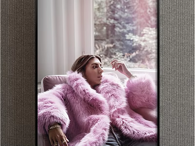 Portrait of Woman in Pink Fur Coat Sitting by Window on Sofa with Natural Light 3d model
