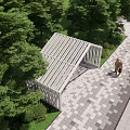 Modern White Slatted Pergola in Landscape with Green Trees and Stone Pavement