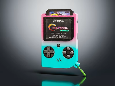 Retro Gaming Console Konami Contra with Pink and Teal Gradient Screen Buttons and Connected Cable 3d model