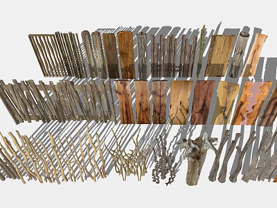 Stone And Wood Decorative Fence Planks With Natural Branches And Craft Materials 3d model
