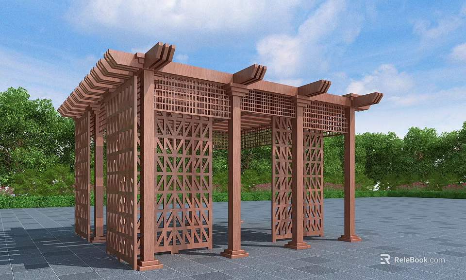 Outdoor Wooden Pergola With Intricate Lattice Design And Greenery Under Blue Sky 3d model 
