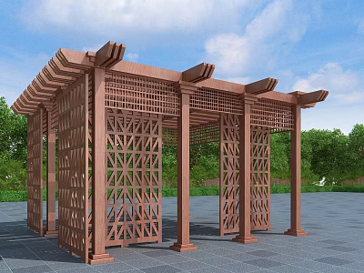 Outdoor Wooden Pergola With Intricate Lattice Design And Greenery Under Blue Sky 3d model