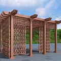 Outdoor Wooden Pergola With Intricate Lattice Design And Greenery Under Blue Sky