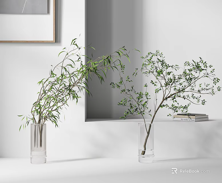 Transparent Glass Vases With Green Foliage On White Shelf For Minimalist Decor 3d model 