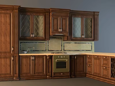 Wooden Kitchen Cabinets with Glass Doors Oven and Tile Backsplash Light Countertop 3d model