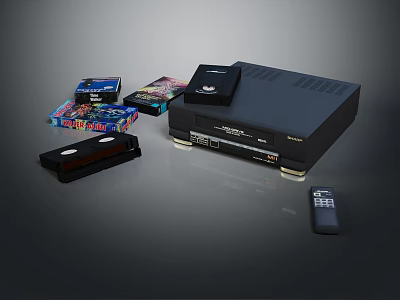 Black Digital Media Player With VHS Tapes Remote Control And Colorful Game Cases Display Setup 3d model