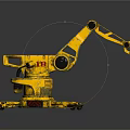 Yellow Robotic Arm Character With EB Logo And Bio Inspired Multi Legged Base 3d model