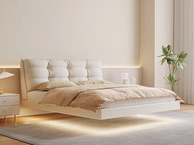 Modern Bedroom Interior With Padded Headboard Beige Bedding Nightstand Lamp And Green Plant 3d model