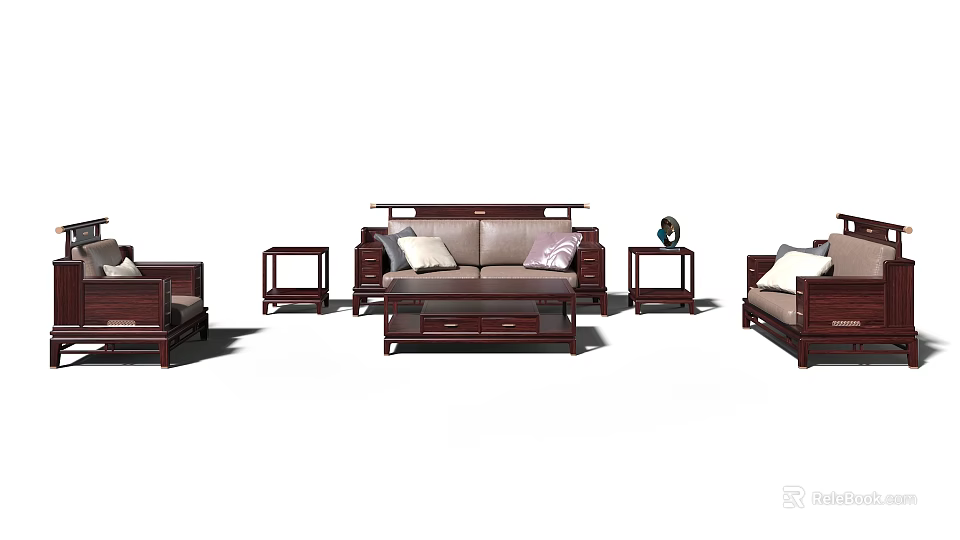 Traditional Wooden Sofa and Coffee Table Set With Cushions and Side Tables 3d model