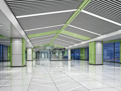 Modern Station Interior With Shiny Floor Green Columns Glass Windows Counter And Ceiling Green Lines 3d model