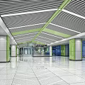Modern Station Interior With Shiny Floor Green Columns Glass Windows Counter And Ceiling Green Lines