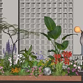 Decorative Plant Combination With Various Greenery And Colorful Flowers Against Lattice Doors